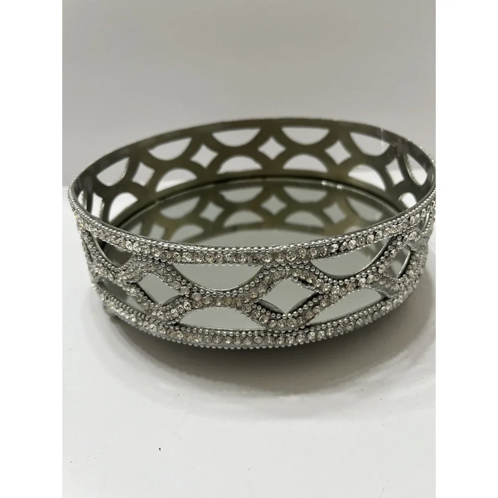 Godinger Vanity Tray Round Mirror Crystal Rhinestones Silver Tone 8